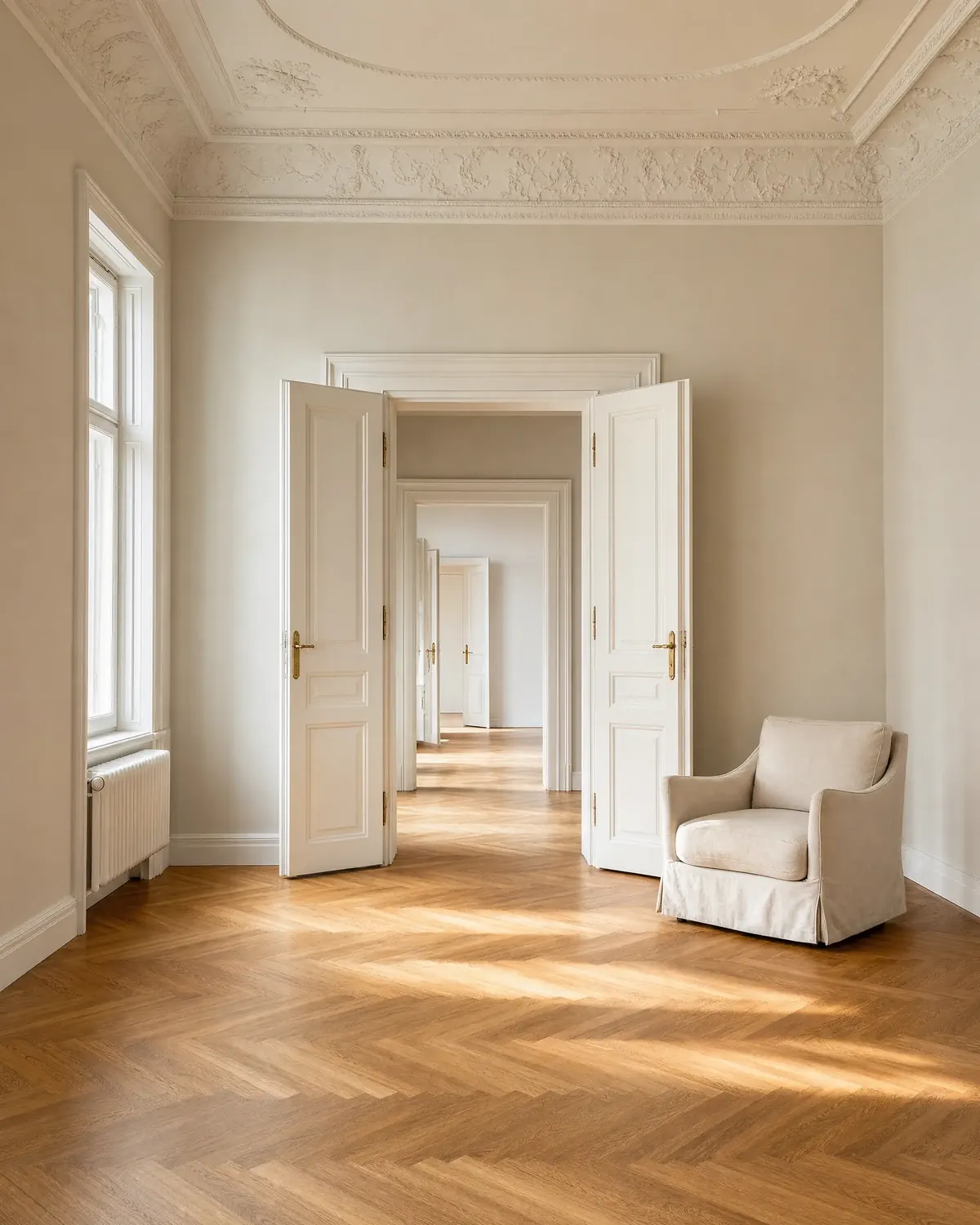 Beispielfoto: Wohnraum einer Altbauwohnung mit Fischgrätparkett